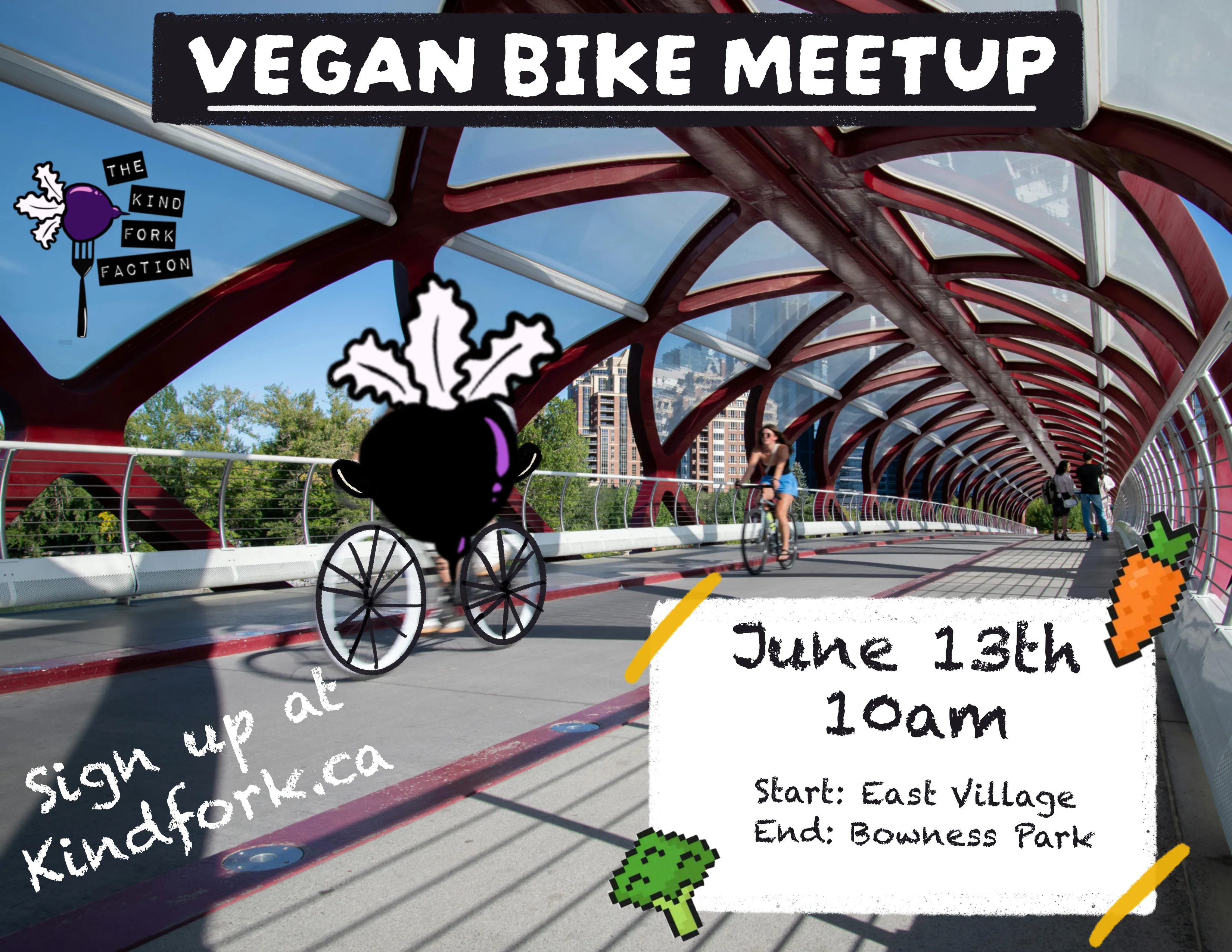 Poster for Kind Fork's vegan meetup: bike ride on June 13th at 10am leaving from East Village