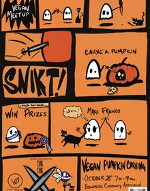 Comic style poster for October 2026 vegan pumpkin carving meetup