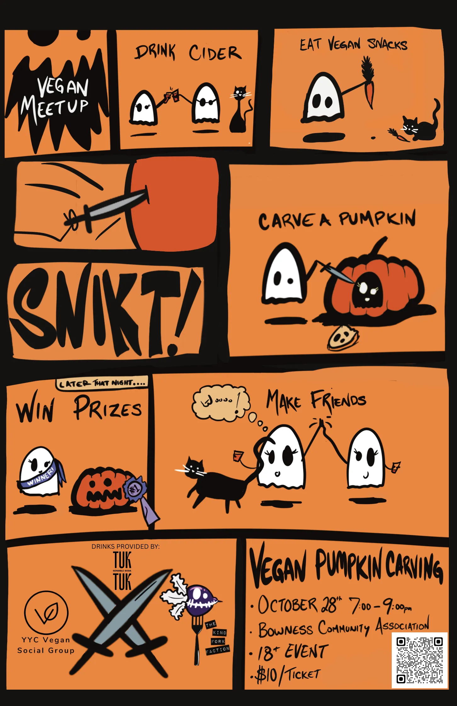 Comic style poster for October 2026 vegan pumpkin carving meetup
